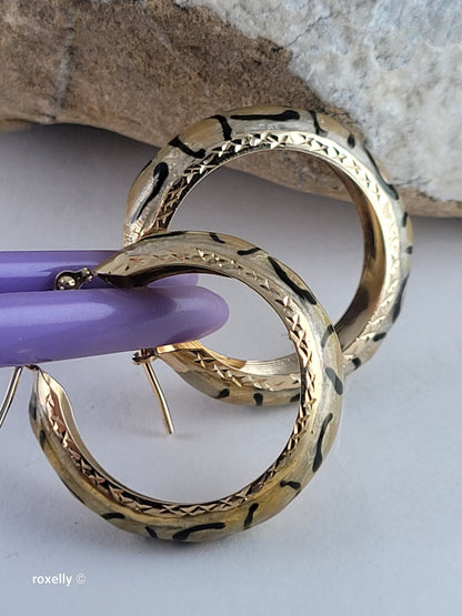 14K Yellow Gold Clasp Enamel Leopard and Diamond-Cut Hoop Earrings, Solid Gold!