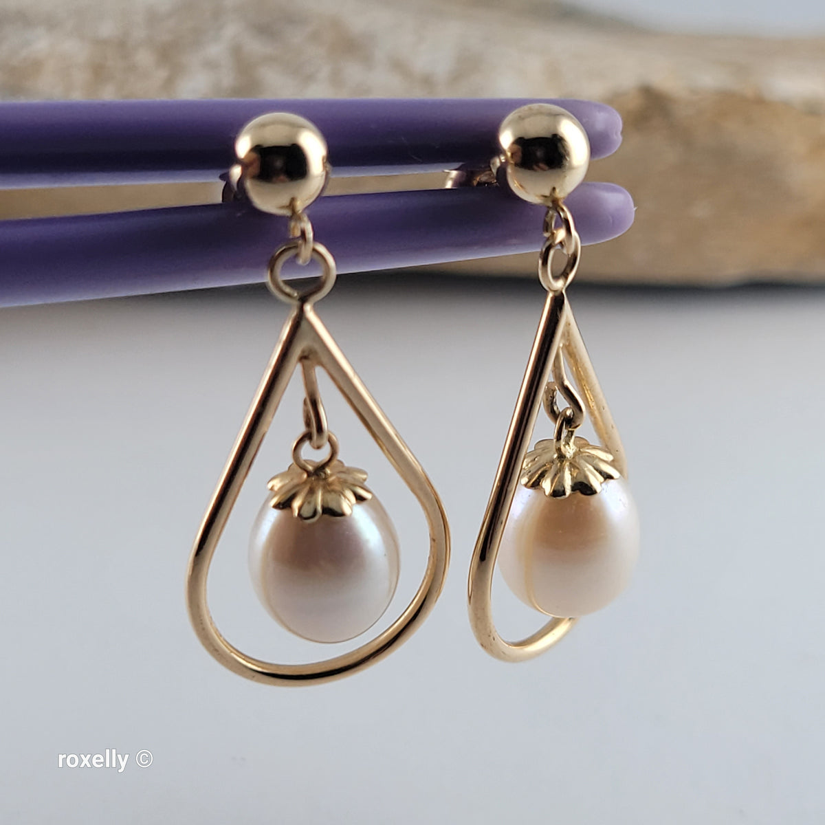 14K Yellow Gold Freshwater Pearl Drop-Shaped Dangle Earrings, Solid Gold!