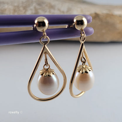 14K Yellow Gold Freshwater Pearl Drop-Shaped Dangle Earrings, Solid Gold!