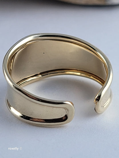 14K Solid Yellow Gold Cigar Band Cuff Ring Size 7.75 Adjustable, Made in Italy!