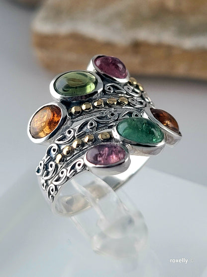925 Sterling Silver Ring and 18K Yellow Gold, Tourmaline Gemstones Ring Size 8!