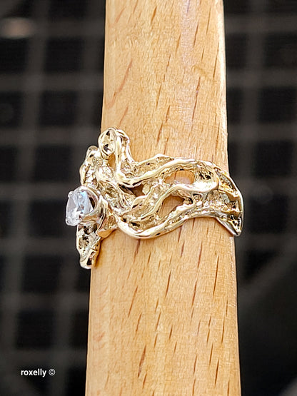 14K Yellow Gold Vintage Cubic Zirconia Brutalist Ring, Solid Gold!