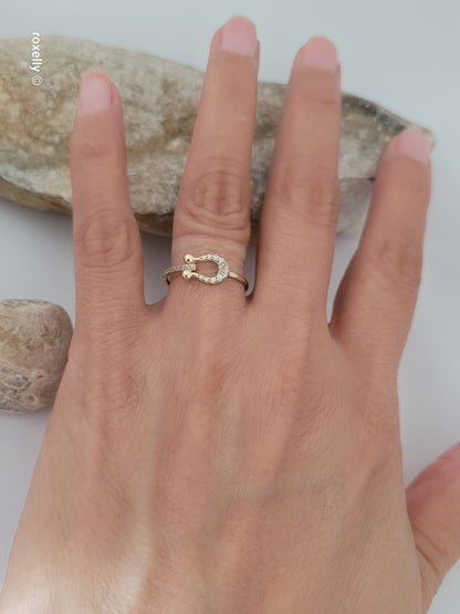 10K Yellow Gold Cubic Zirconia Horseshoe Dainty Ring Size 6.75, Solid Gold!