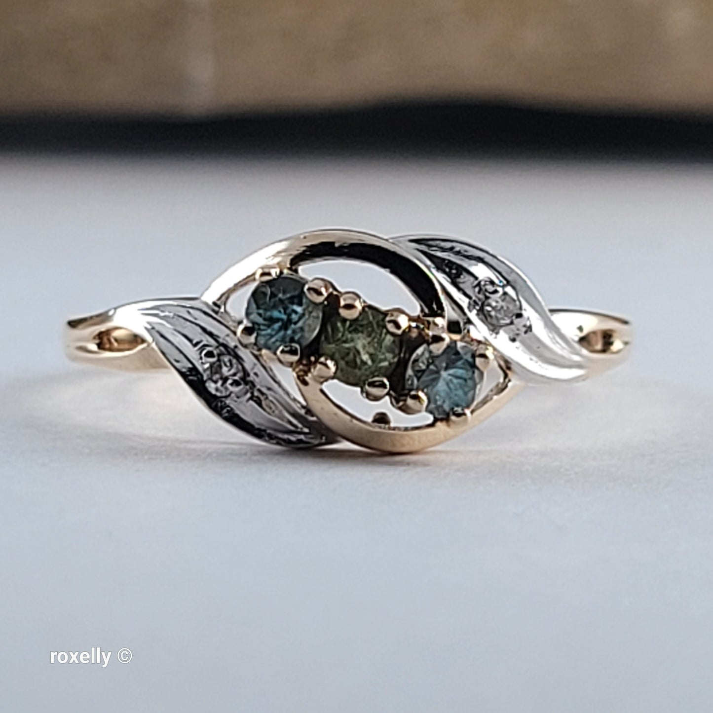 14K Yellow Gold Peridot, Blue Topaz & Diamonds Ring Size 7.25- Solid Gold!