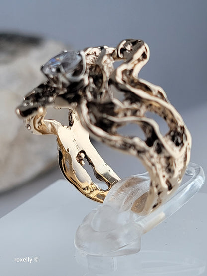 14K Yellow Gold Vintage Cubic Zirconia Brutalist Ring, Solid Gold!