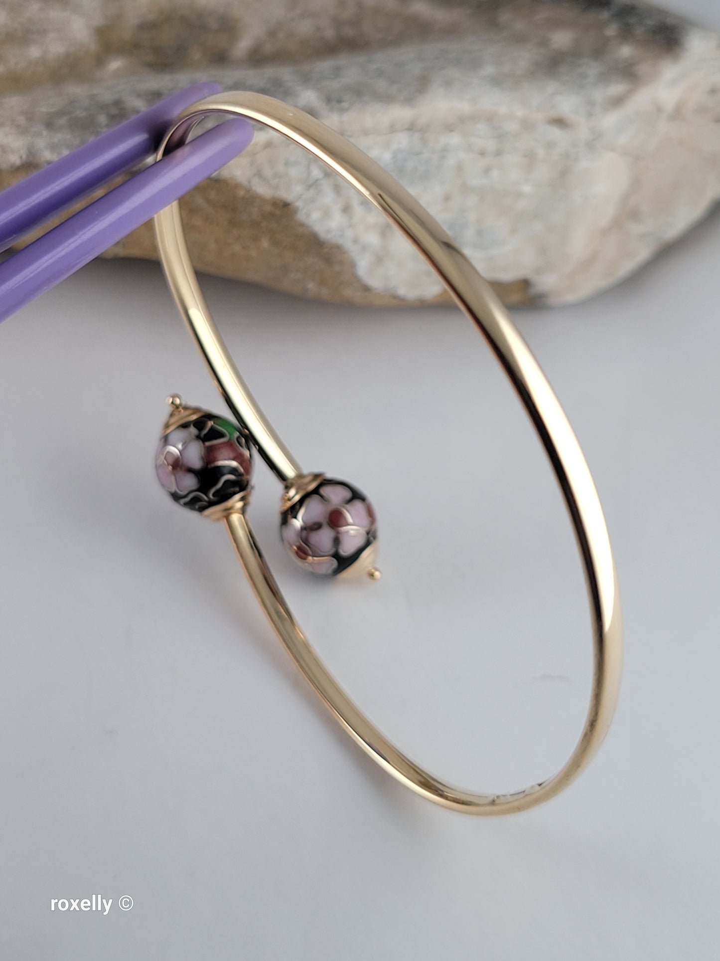 14K Yellow Gold Cloisonne Enamel Floral Bangle Bracelet, Solid Gold!