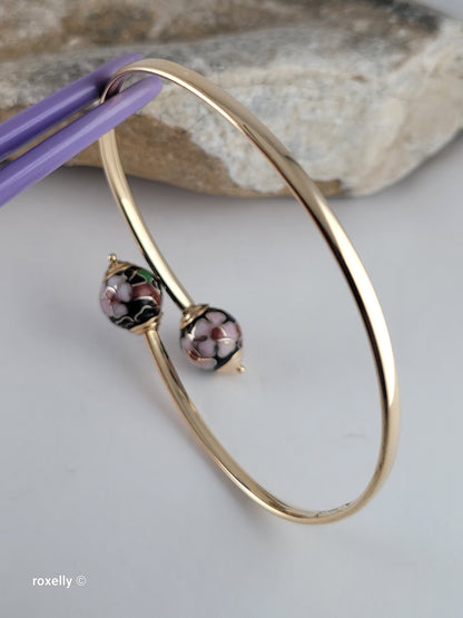 14K Yellow Gold Cloisonne Enamel Floral Bangle Bracelet, Solid Gold!