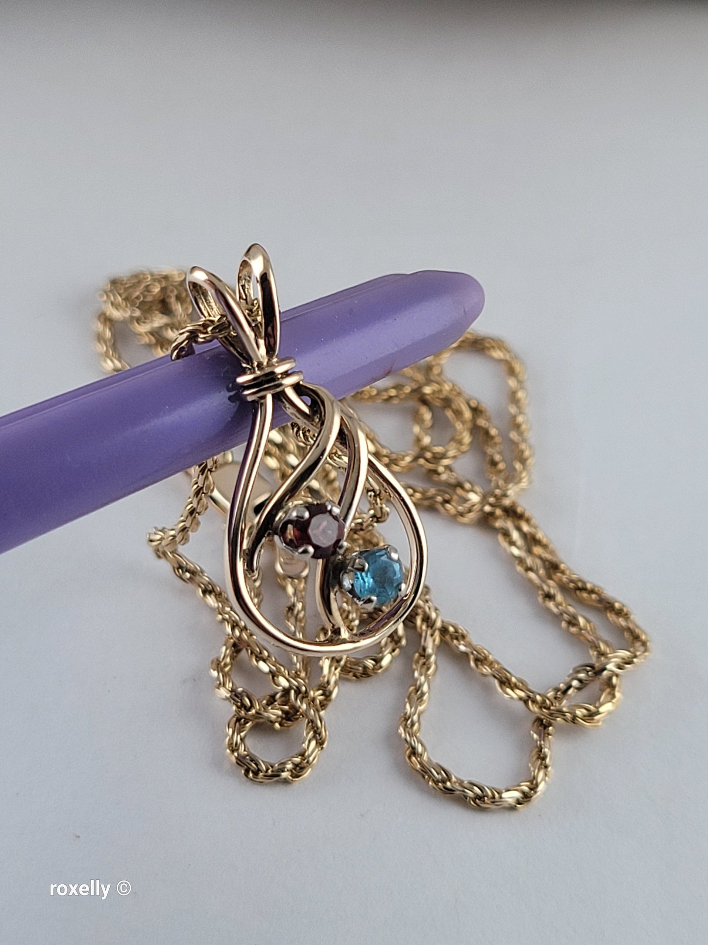 14K Yellow Gold Diamond-Cut Rope Chain Garnet and Blue Topaz Pendant, Made in Italy!
