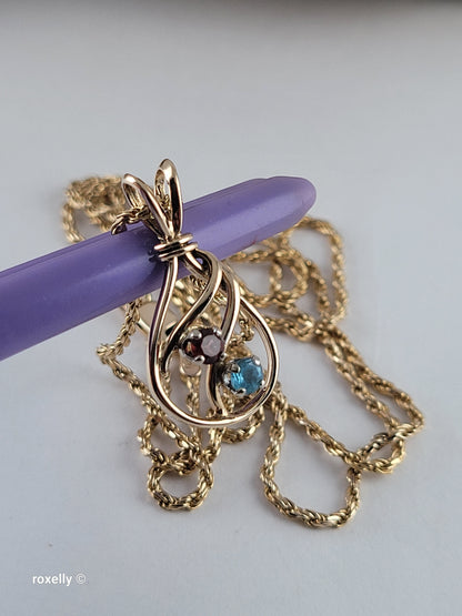14K Yellow Gold Diamond-Cut Rope Chain Garnet and Blue Topaz Pendant, Made in Italy!