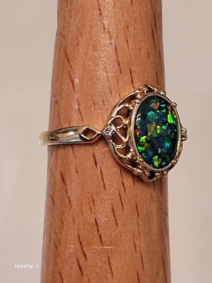 10K Yellow Gold Mosaic Opal and Diamonds Cocktail Ring Size 7, Solid Gold!