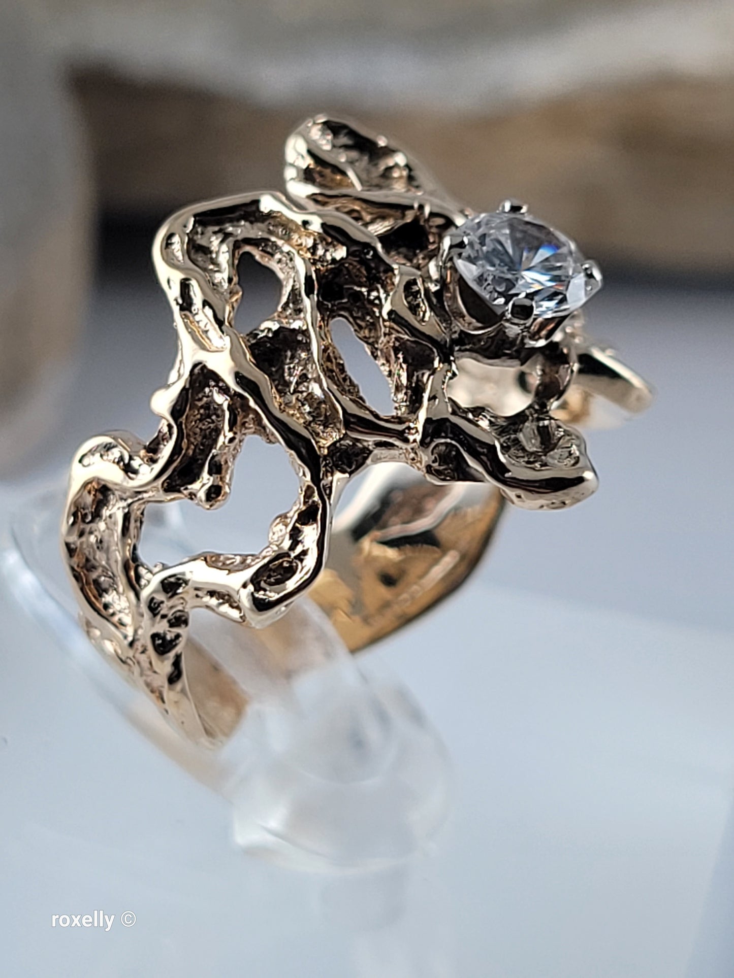 14K Yellow Gold Vintage Cubic Zirconia Brutalist Ring, Solid Gold!