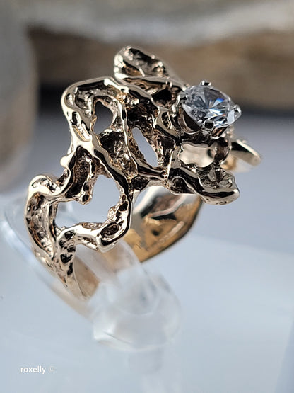 14K Yellow Gold Vintage Cubic Zirconia Brutalist Ring, Solid Gold!