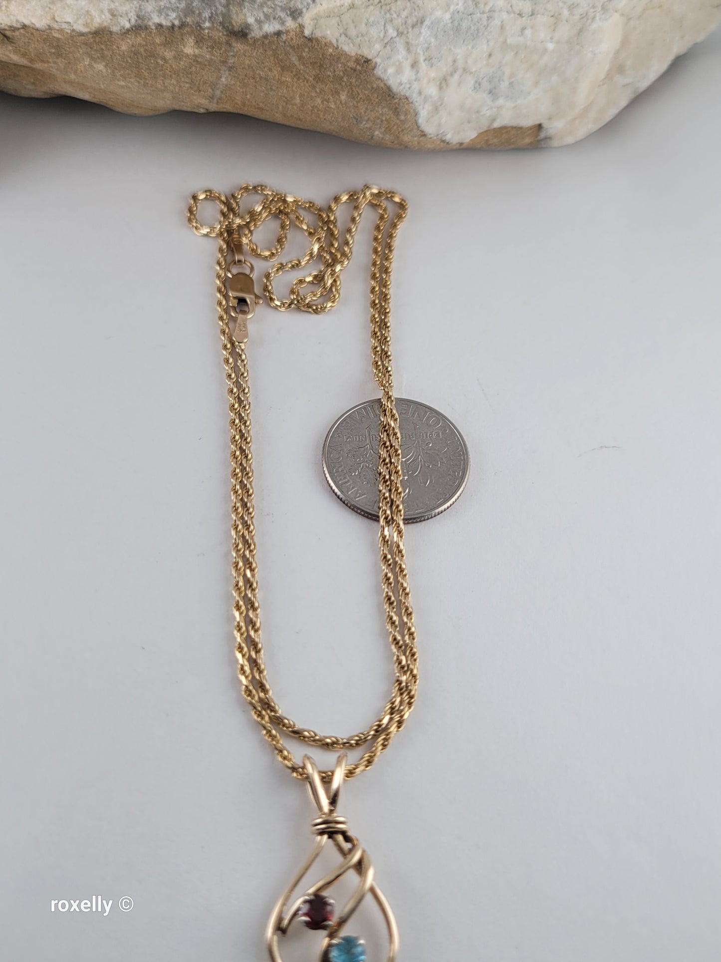 14K Yellow Gold Diamond-Cut Rope Chain Garnet and Blue Topaz Pendant, Made in Italy!