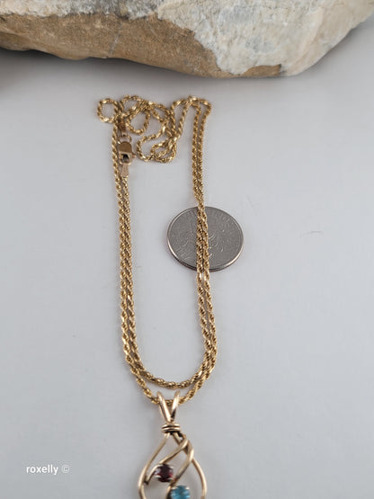 14K Yellow Gold Diamond-Cut Rope Chain Garnet and Blue Topaz Pendant, Made in Italy!