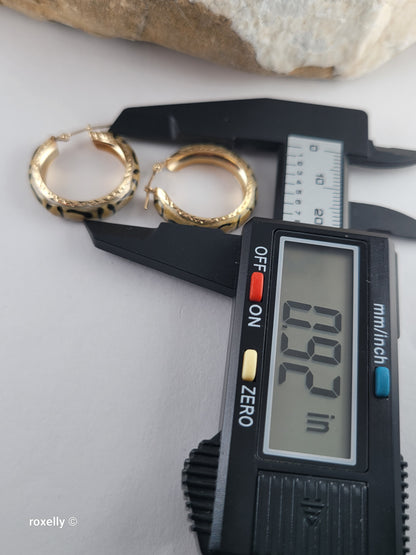 14K Yellow Gold Clasp Enamel Leopard and Diamond-Cut Hoop Earrings, Solid Gold!