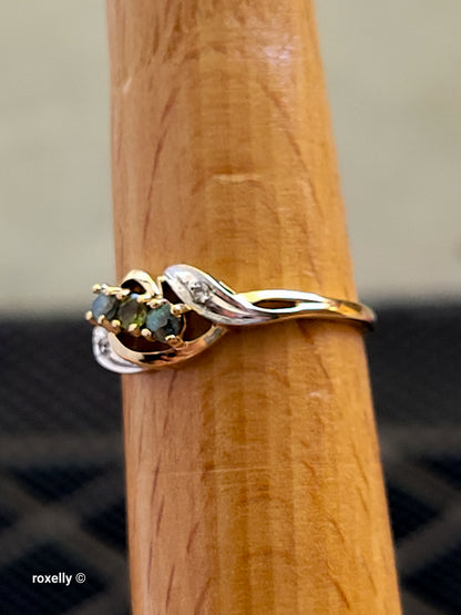 14K Yellow Gold Peridot, Blue Topaz & Diamonds Ring Size 7.25- Solid Gold!