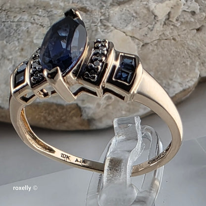 10K Yellow Gold Sapphire and Diamond Cocktail Ring Size 7.5, Solid Gold!