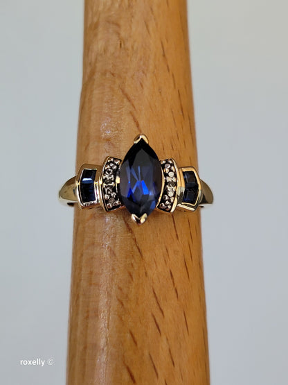 10K Yellow Gold Sapphire and Diamond Cocktail Ring Size 7.5, Solid Gold!