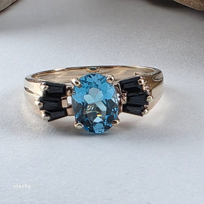 10K Yellow Gold Blue Topaz and Sapphire Cocktail Ring Size 7.25, Solid Gold!