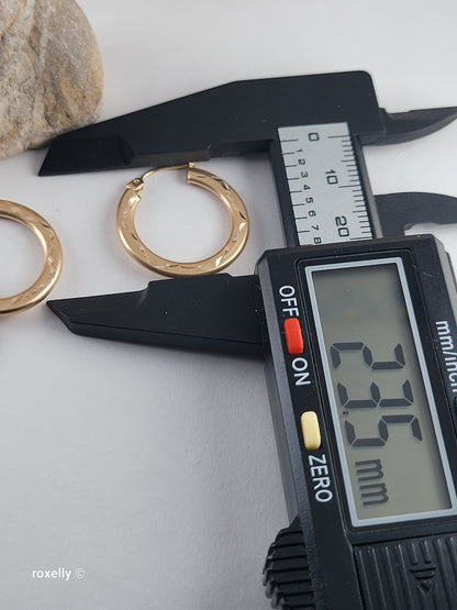 14K Yellow Gold Diamond-Cut Satin Hoop Earrings, Solid Gold
