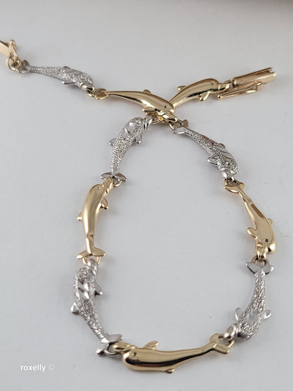 14K Two-Tone Gold Dolphin Link Bracelet, Solid Gold!