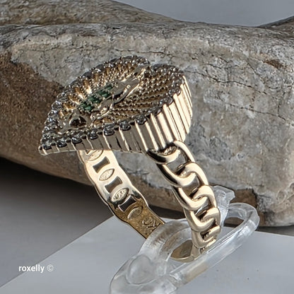 14K Yellow Gold, Heart-Shaped Lady of Guadalupe with Green and White Cubic Zirconia Ring Size 8, Solid Gold!