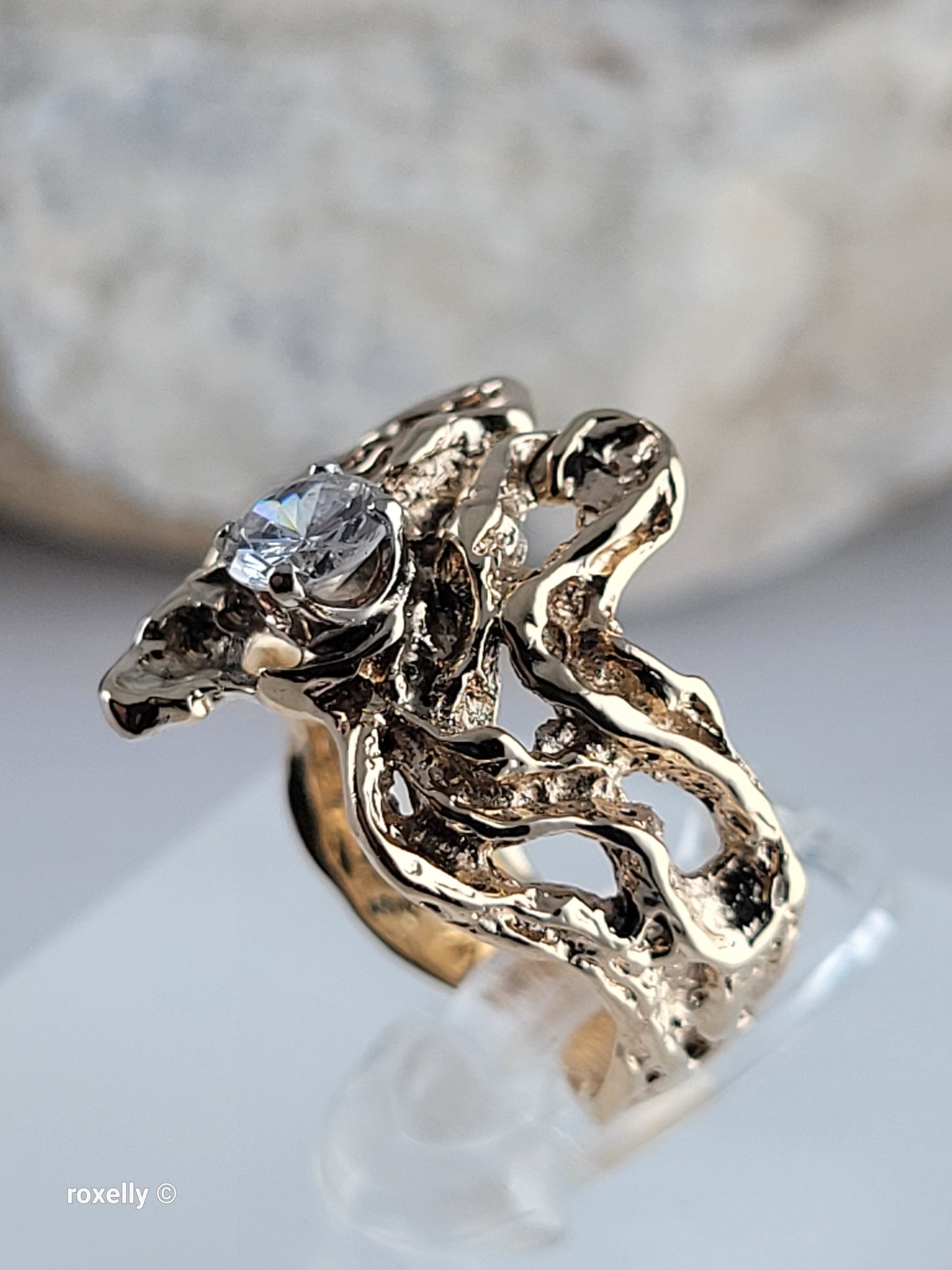 14K Yellow Gold Vintage Cubic Zirconia Brutalist Ring, Solid Gold!