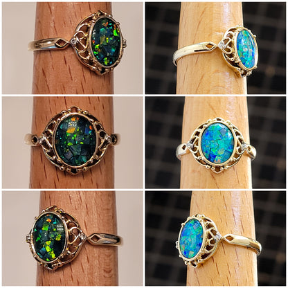 10K Yellow Gold Mosaic Opal and Diamonds Cocktail Ring Size 7, Solid Gold!