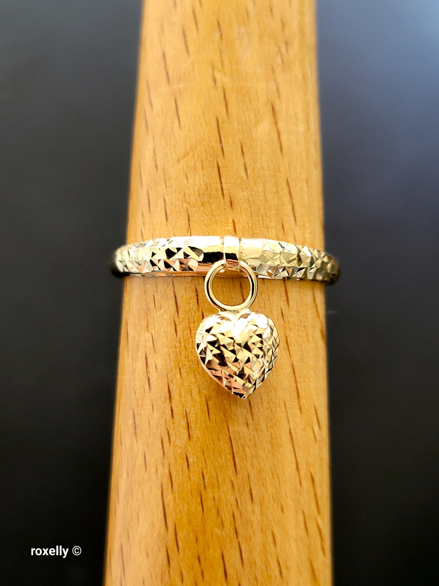 14K Yellow Gold Diamond-Cut Ring Size 10 with Heart Charm, Solid Gold!