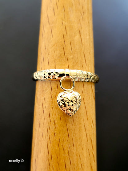 14K Yellow Gold Diamond-Cut Ring Size 10 with Heart Charm, Solid Gold!