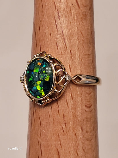 10K Yellow Gold Mosaic Opal and Diamonds Cocktail Ring Size 7, Solid Gold!