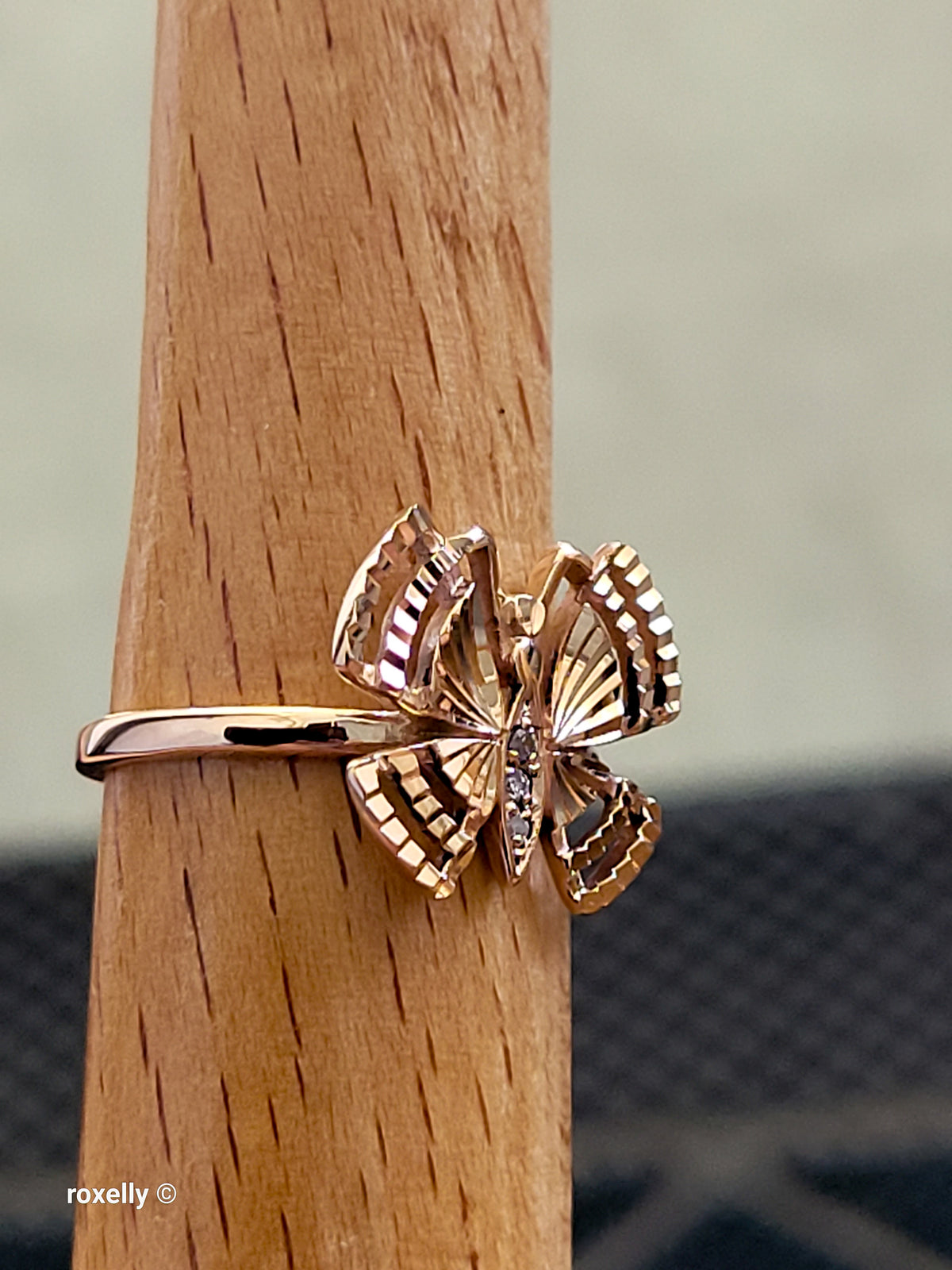 14K Rose Gold Butterfly Design, Diamond Cut & CZ Ring Size 6 - Solid Gold!