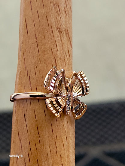 14K Rose Gold Butterfly Design, Diamond Cut & CZ Ring Size 6 - Solid Gold!