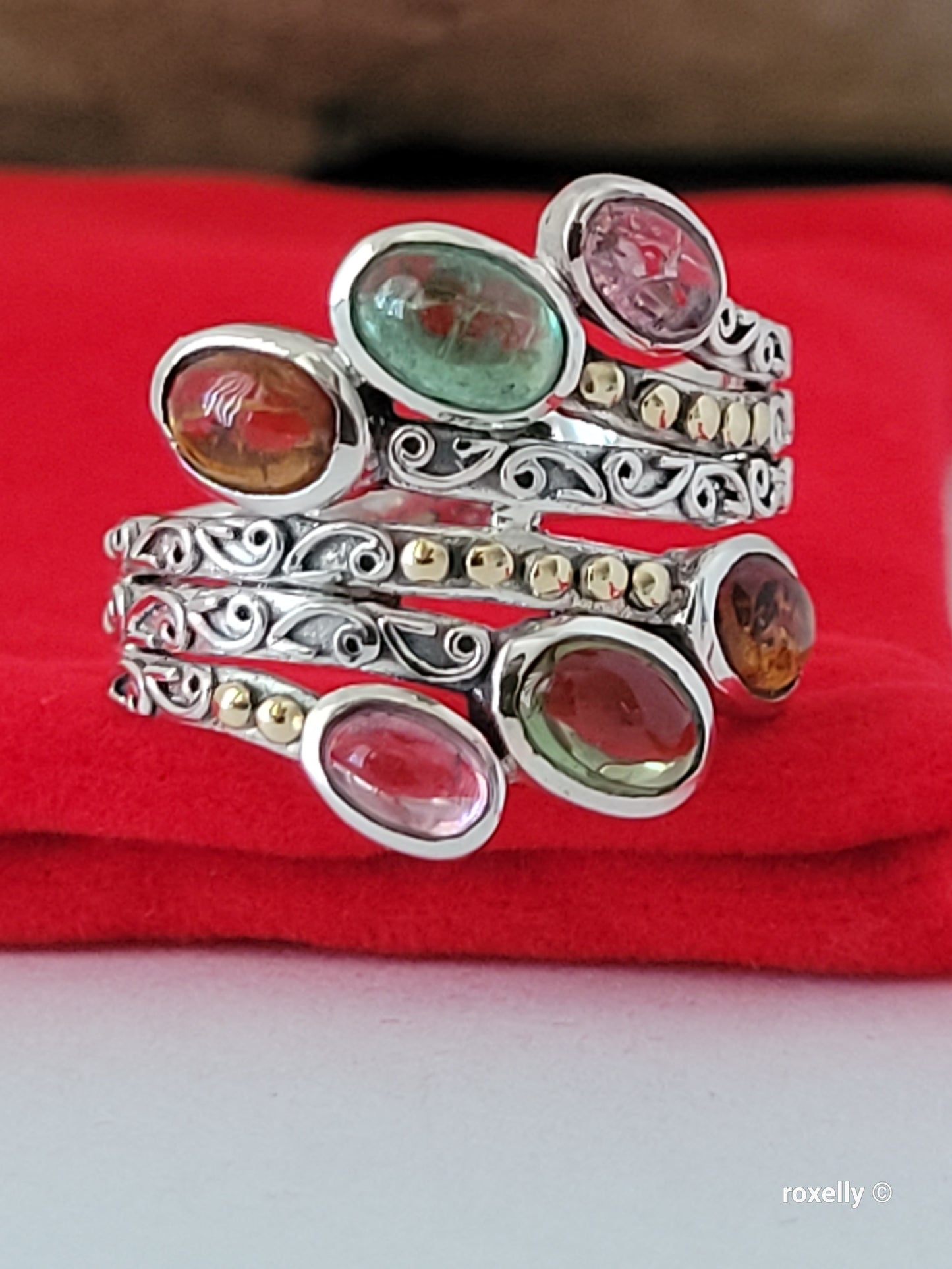 925 Sterling Silver Ring and 18K Yellow Gold, Tourmaline Gemstones Ring Size 8!