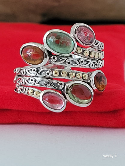 925 Sterling Silver Ring and 18K Yellow Gold, Tourmaline Gemstones Ring Size 8!