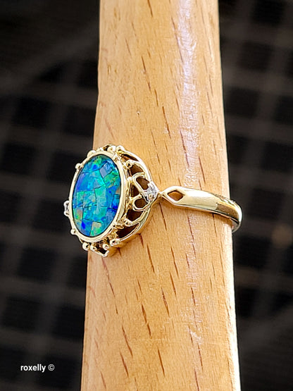 10K Yellow Gold Mosaic Opal and Diamonds Cocktail Ring Size 7, Solid Gold!