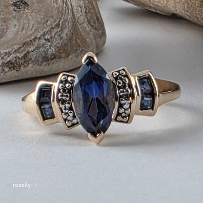 10K Yellow Gold Sapphire and Diamond Cocktail Ring Size 7.5, Solid Gold!