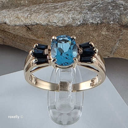 10K Yellow Gold Blue Topaz and Sapphire Cocktail Ring Size 7.25, Solid Gold!