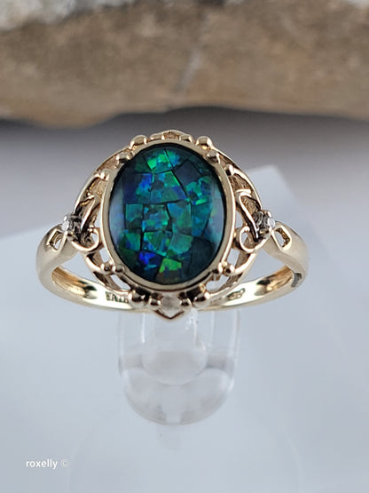 10K Yellow Gold Mosaic Opal and Diamonds Cocktail Ring Size 7, Solid Gold!