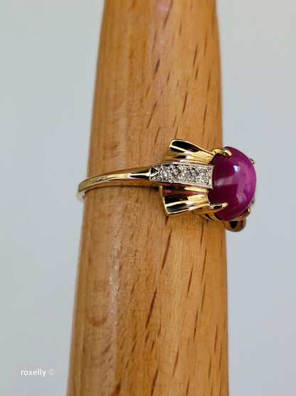 14K Yellow Gold Pink Star Sapphire and Diamond Ring Size 7.5, Solid Gold!