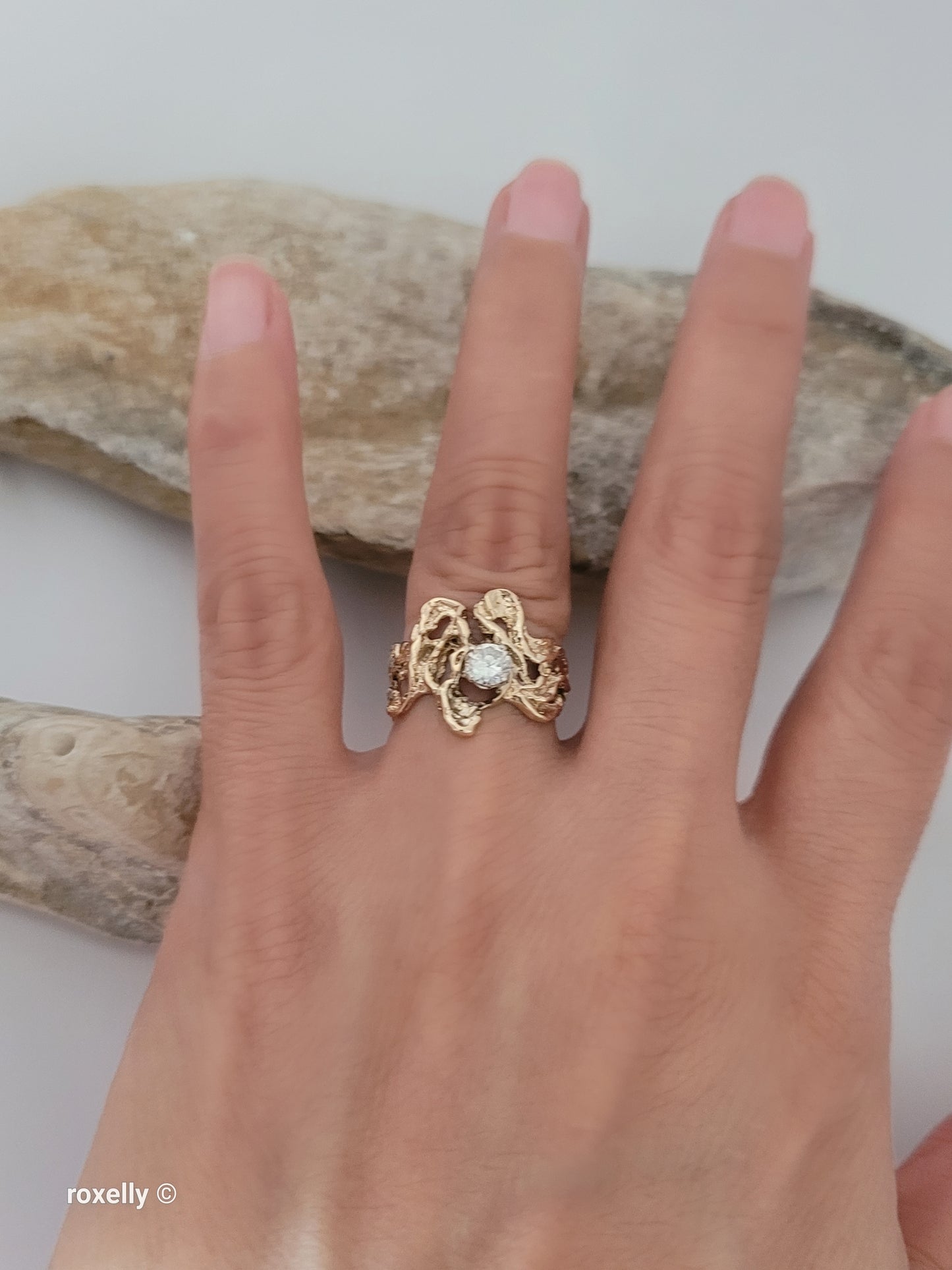 14K Yellow Gold Vintage Cubic Zirconia Brutalist Ring, Solid Gold!