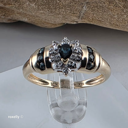 10K Yellow Gold Sapphires and Genuine Diamond Ring Size 7, Solid Gold!