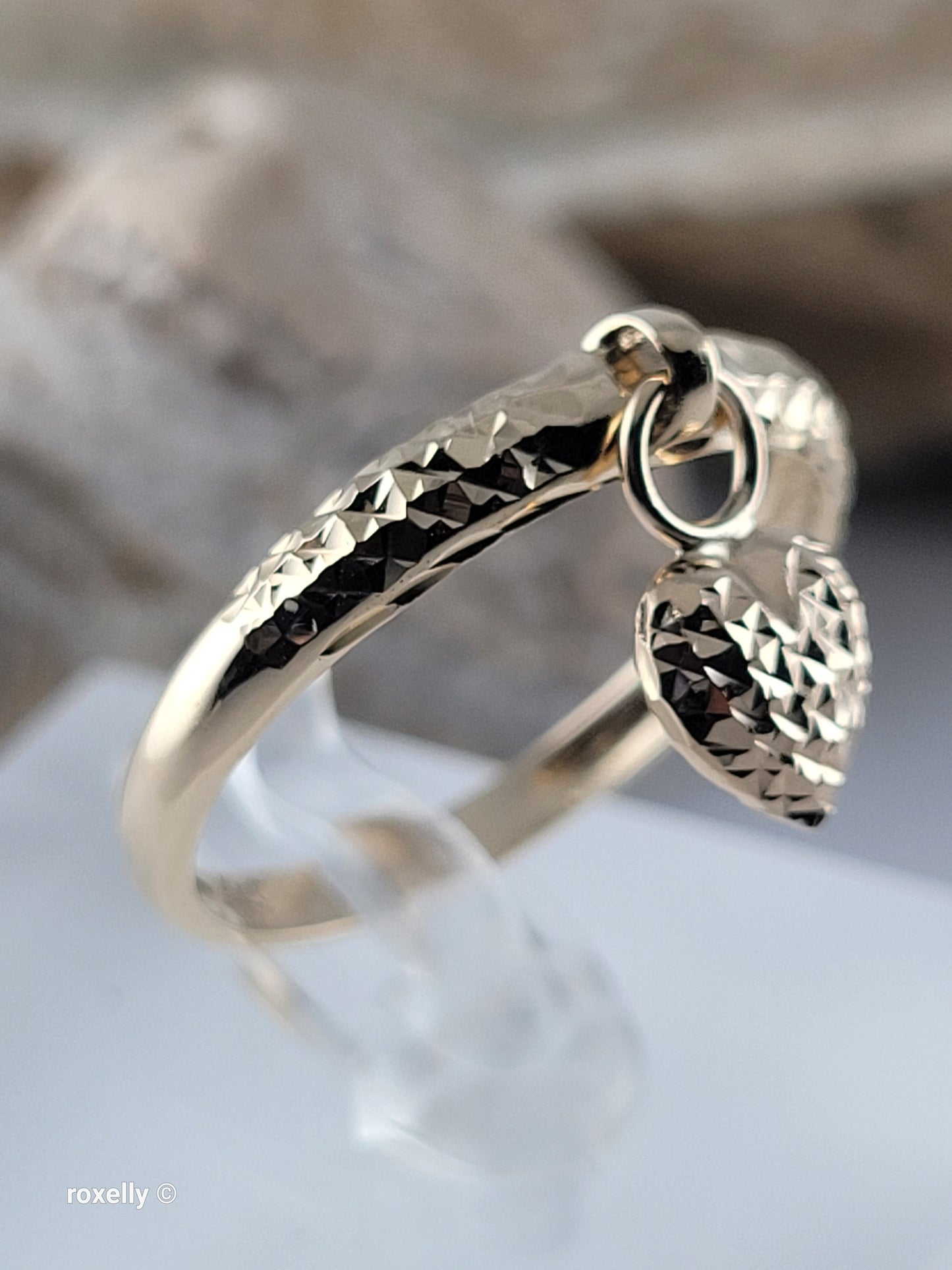 14K Yellow Gold Diamond-Cut Ring Size 10 with Heart Charm, Solid Gold!