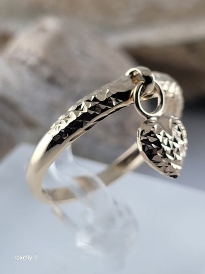 14K Yellow Gold Diamond-Cut Ring Size 10 with Heart Charm, Solid Gold!