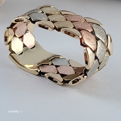 14K Tri-Color Gold Satin Flexible Cigar Band Ring Size 9 – Made in Italy!