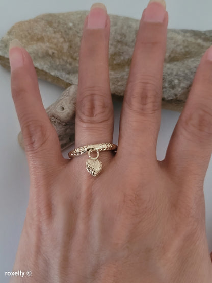 14K Yellow Gold Diamond-Cut Ring Size 10 with Heart Charm, Solid Gold!