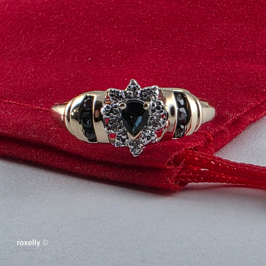 10K Yellow Gold Sapphires and Genuine Diamond Ring Size 7, Solid Gold!