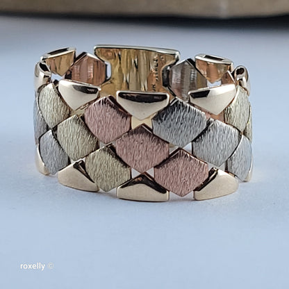 14K Tri-Color Gold Satin Flexible Cigar Band Ring Size 9 – Made in Italy!