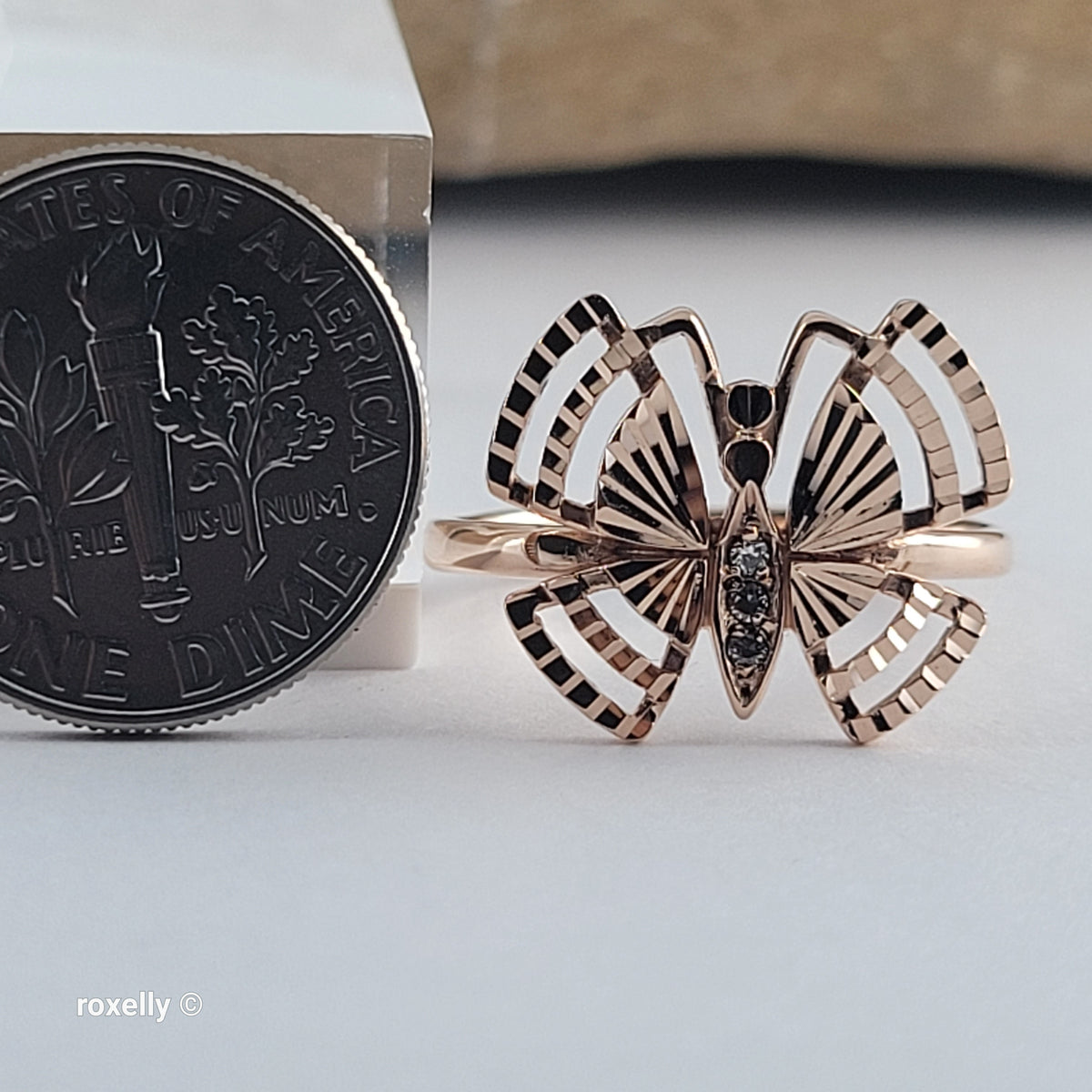 14K Rose Gold Butterfly Design, Diamond Cut & CZ Ring Size 6 - Solid Gold!
