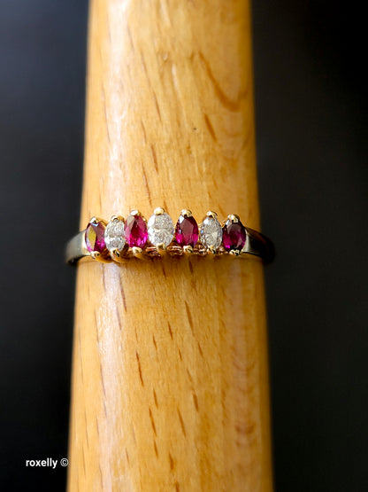 14K Yellow Gold Rubies and Diamonds Band Ring Size 6, Solid Gold